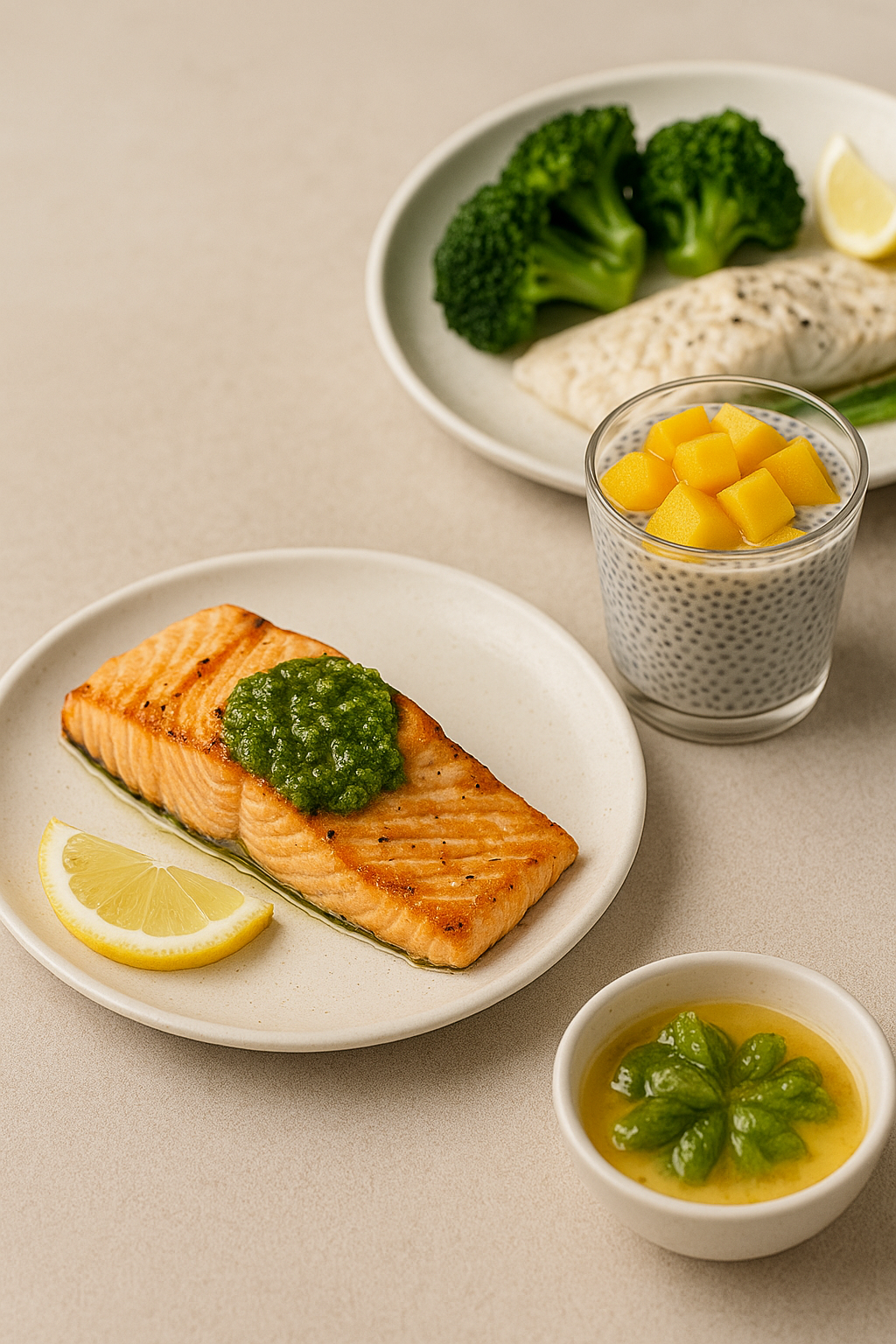 Pratos fitness com salmão, peixe branco, brócolos e chia