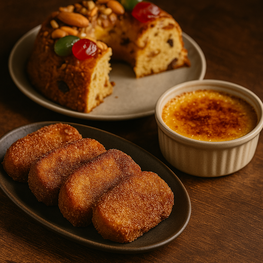 Prato de sobremesas: rabanadas, bolo rei e crème brûlée