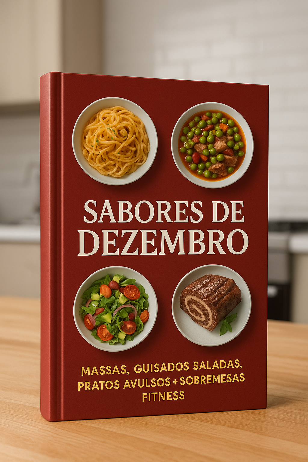 Capa vermelha 3D do eBook Sabores de Dezembro com pratos tradicionais